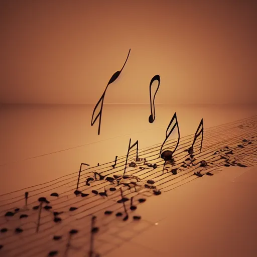 Image similar to a sculpture of music notation, three quater notes, art installation, made of polished broze, cinematic light, 8 k, octane render, reflections,