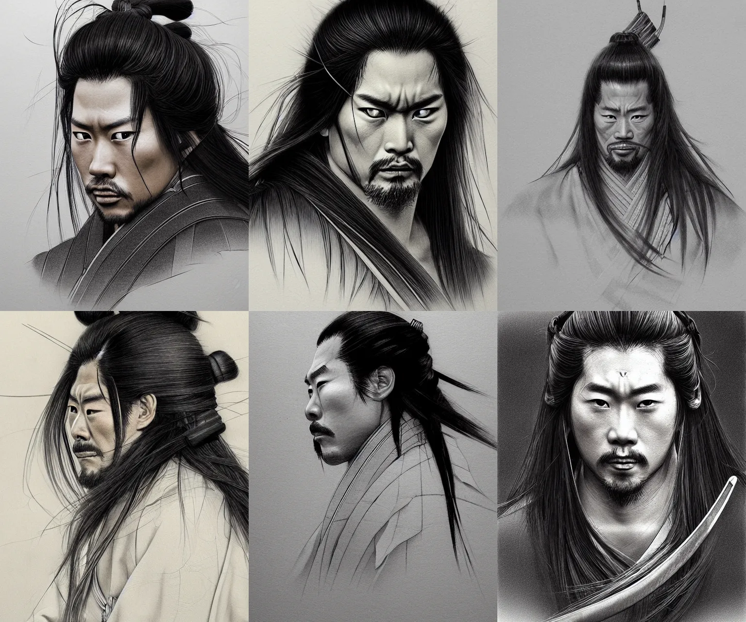 Prompt: portrait of a samurai, long hair, beautiful, sketch, artstation trending, photorealistic, hyper - realistic, highly detailed, focus, smooth, by takehiko inoue