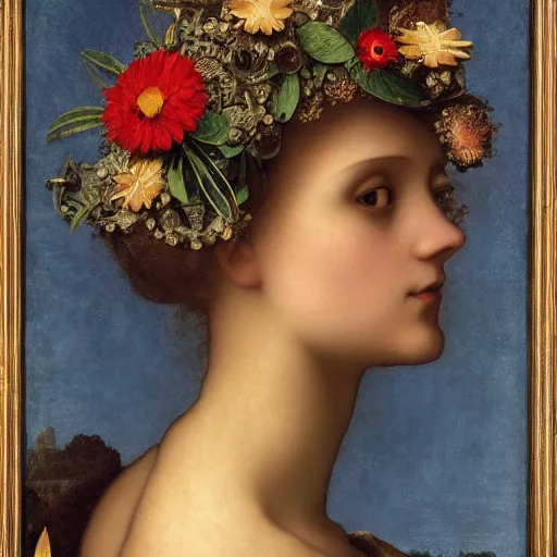 Prompt: portrait of a beautiful young cyborg woman with a big steampunk flower crown and part mechanical face , Metropolis, by Leonardo Da Vinci in the style of Bouguereau