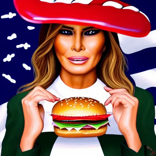 Image similar to portrait of Melania Trump eating hamburgers, extra onions and ketchup, luscious patty with sesame seeds, feminine ethereal, holy sacred light rays, handsome, volumetric light, american flag themed background, MAGA hat, D&D, fantasy, intricate, elegant, highly detailed, digital painting, artstation, concept art, matte, sharp focus, illustration, art by Artgerm and Greg Rutkowski and Alphonse Mucha