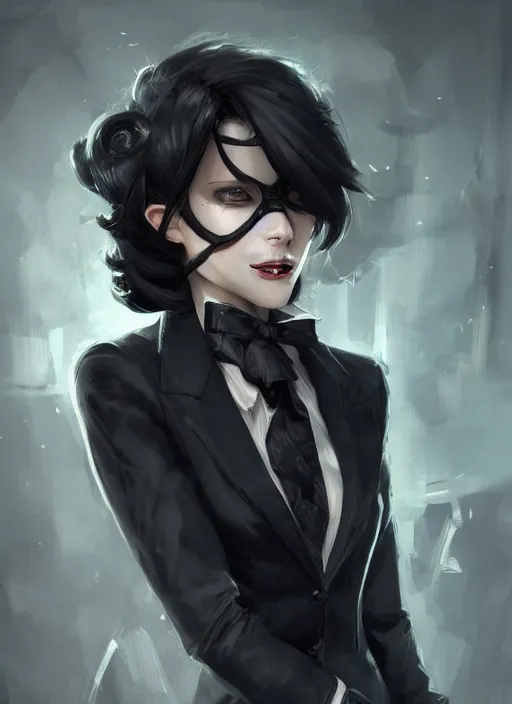 Image similar to a highly detailed illustration of beautiful short black messy haired woman wearing eyepatch!!! and noir style suit and tie, dramatic smiling pose, intricate, elegant, highly detailed, centered, digital painting, artstation, concept art, smooth, sharp focus, league of legends concept art, WLOP