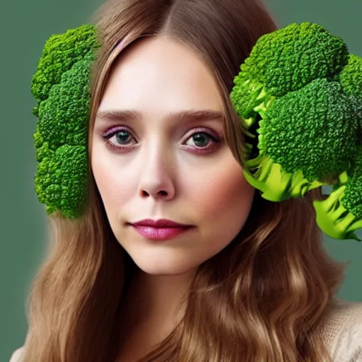 Image similar to elizabeth olsen with a [ head made of broccoli ]!!, trending on cgsociety, 4 k quality, intricate