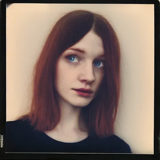 Prompt: photograph, closeup polaroid photo of a young pale woman with shoulder length ginger hair in a dark room, blue eyes, no makeup, wearing a black tshirt, flash photography, indoor setting, high contrast, sharp, trending on tumblr,