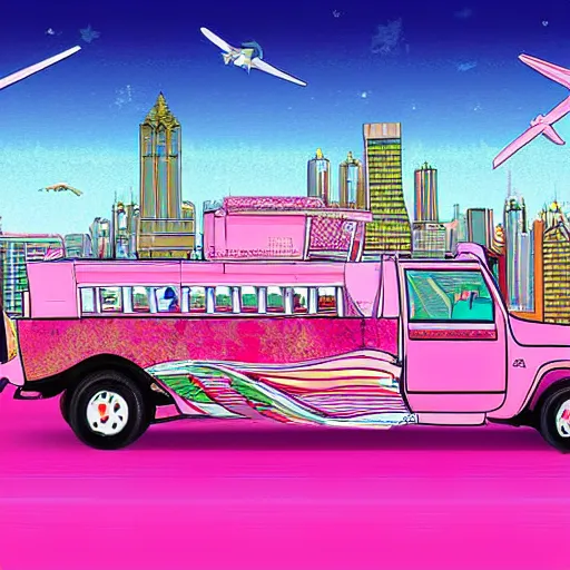 Prompt: a fleet of flying pink philippine jeepney above the skyline, digital art