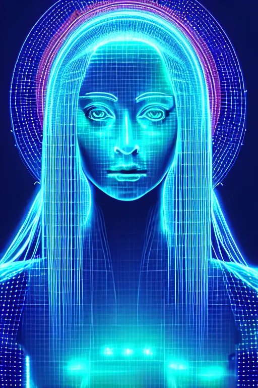 Image similar to portrait of the goddess of artificial intelligence as a hologram, in front of a rainbow of data, threads of light in the background, extremely high quality artwork, very detailed, anthropomorphic silhouette, trending on artstation