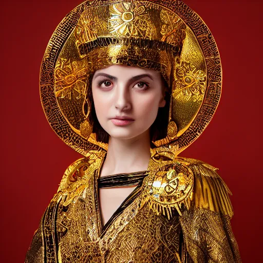 Prompt: photo of a beautiful young greek woman in the costume of a byzantine empress, fashion photo shoot, studio lighting, 4 k