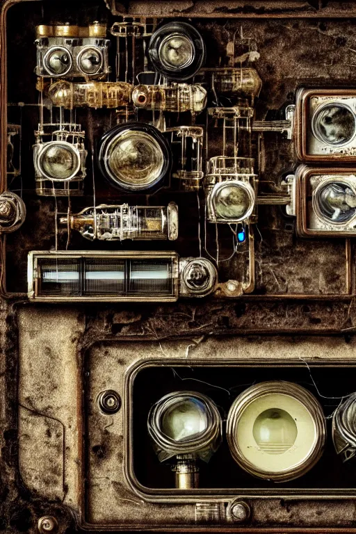 Prompt: A photo of a very old opened camera with vacuum tubes, capacitors and coils inside by Annie Lebovitz and Steve McCurry, grungy, weathered Ultra detailed, hyper realistic, 4k