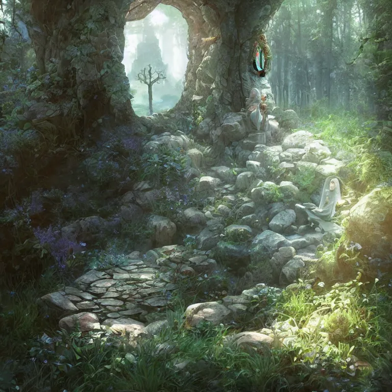 Prompt: Fantasy Magical fairy-tale stone portal in the forest. Round stone portal teleport in trees to other worlds. Fantastic landscape. Magic Altar in the fores, highly detailed, digital painting, artstation, concept art, smooth, sharp focus, illustration, art by artgerm and greg rutkowski and alphonse mucha