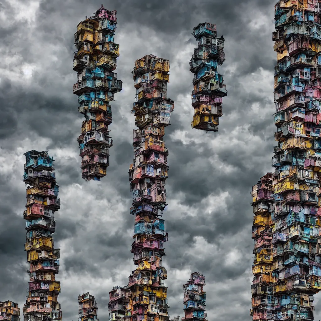 Image similar to close - up towers made up of colourful squatter housing, bleached colours, dramatic cloudy sky, dystopia, mamiya, very detailed, ultra sharp, photographed by john chiara
