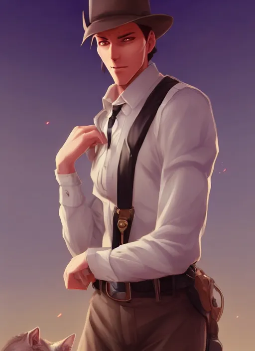 Prompt: beautiful portrait commission of a male furry anthro wolf Sherriff wearing a white dress shirt with suspenders in an old-timey desert town. Atmospheric. Character design by charlie bowater, ross tran, artgerm, and makoto shinkai, detailed, inked, western comic book art