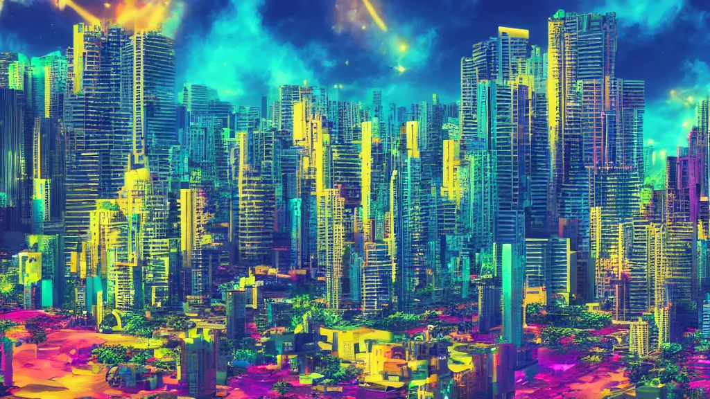 Image similar to golden city in a vaporwave jungle, 4k, ultra realistic, colorful, award winning photograph