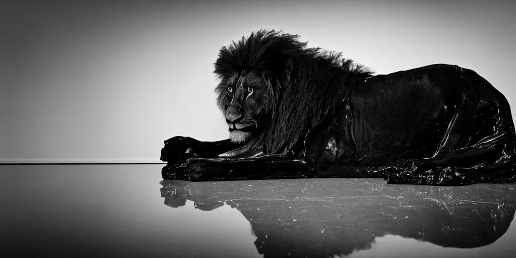 Image similar to the smooth black lion, made of smooth black goo, laying on the couch in the living room after bathing in the ferrofluid, viscous, sticky, full of tar, covered with black goo. photography, dslr, reflections, black goo