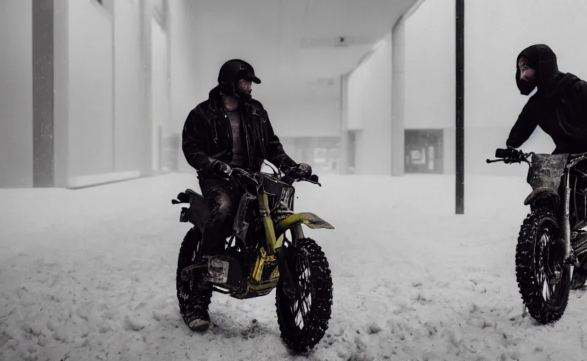 Image similar to cinestill 5 0 d candid photographic portrait by helen levitt of britt lower wearing rugged black mesh techwear on a dirtbike through an abandoned mall, extreme closeup, modern cyberpunk moody emotional cinematic, snow storm, 8 k, hd, high resolution, 3 5 mm, f / 3 2, ultra realistic faces, ex machina