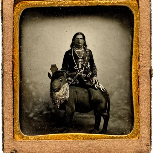 Prompt: Daguerreotype of a Cherokee Chief riding a large Malayan tapir