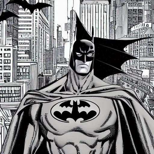 Image similar to batman in complex city background, by Geoff Darrow