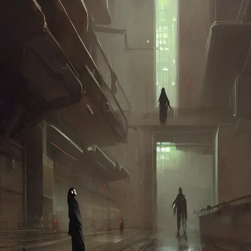 Image similar to concept art by greg rutkowski, a very tall, and slender woman with blond hair, talking with a very tall and slender mand with short black hair, brutalist futuristic interior, dark lighting atmosphere, detailed portraits, nostalgic atmosphere, scifi, digital painting, artstation, concept art, smooth, sharp foccus ilustration, artstation hq