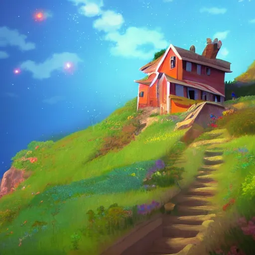 Image similar to beautiful 3 d painting of a colourful house on a hilltop at midnight with small fireflies flying around, in the style of studio ghibli, artstation, unreal engine