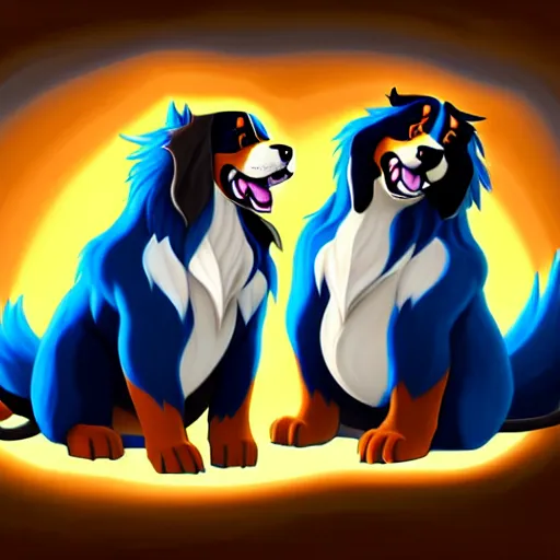 Image similar to an anthropomorphic male bernese mountain dog fursona hugging his handsome anthropomorphic male blue dragon fursona husband, furry art, oil on canvas, soft lighting, cute