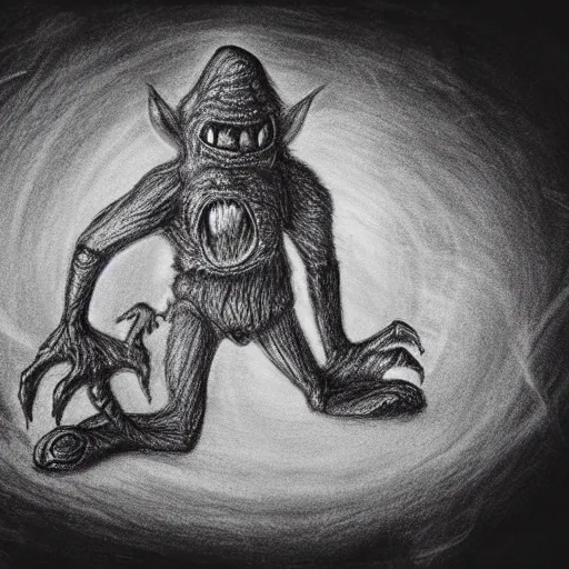 Image similar to a creepy monster, black chalk, professionally illustrated by a kid