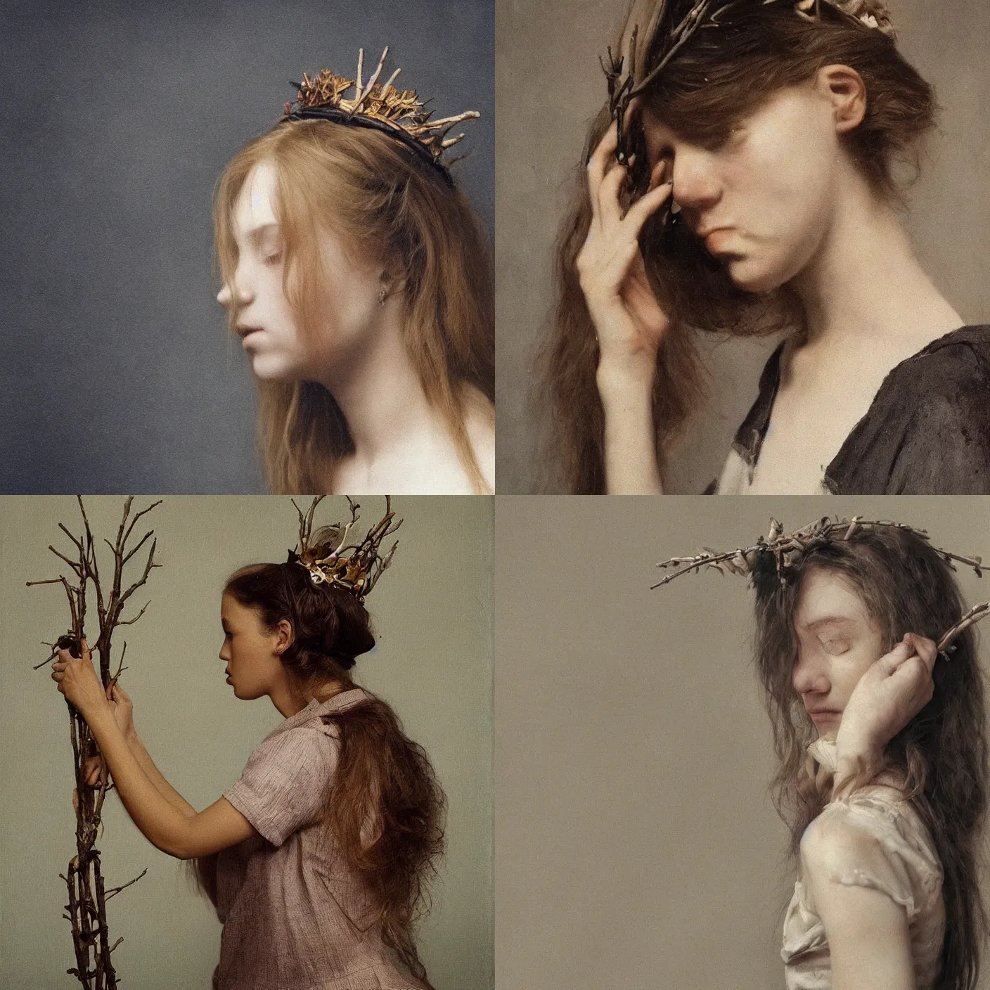 Prompt: woman's profile, long hair, closed eyes, wearing a twig crown by Willem Kalf and William Eggleston. masterpiece. hq. detailed. moody. gradient pastel color background. cinematic.