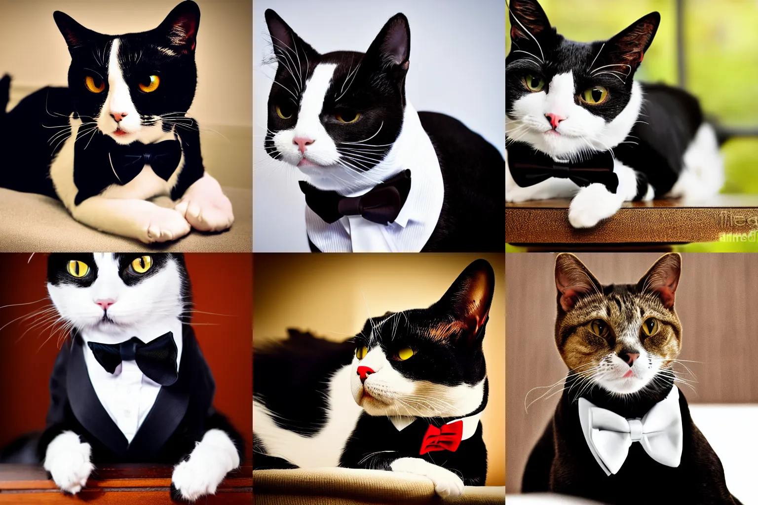 Prompt: tuxedo cat with a bow tie, hd photograph