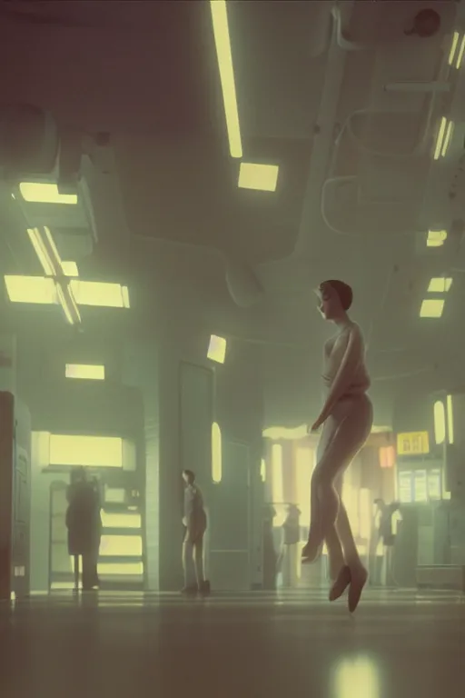 Prompt: Cinestill 50d, 8K, 35mm,J.J Abrams flare; beautiful ultra realistic vaporwave minimalistic pointé posed seinen manga Studio Ghibli in space(1950) film still medical lab dance scene, 2000s frontiers in blade runner retrofuturism fashion magazine September hyperrealism holly herndon edition, highly detailed, extreme closeup three-quarter pointé posed model portrait, tilt shift zaha hadid background, three point perspective: focus on anti-g flight suit;pointé pose;open mouth,terrified, eye contact, soft lighting