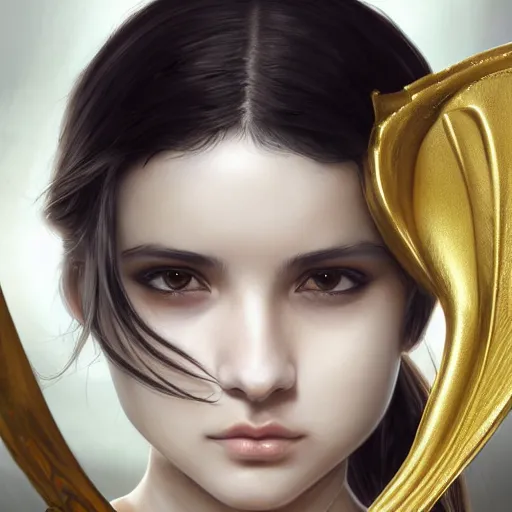 Image similar to 1 5 year old white girl with a white shirt that has one shoulder visible, wears black sports shorts and a golden mask on her face, intricate, highly detailed, digital painting, artstation, concept art, smooth, sharp focus, illustration, unreal engine 5, 8 k, art by artgerm and greg rutkowski and alphonse mucha