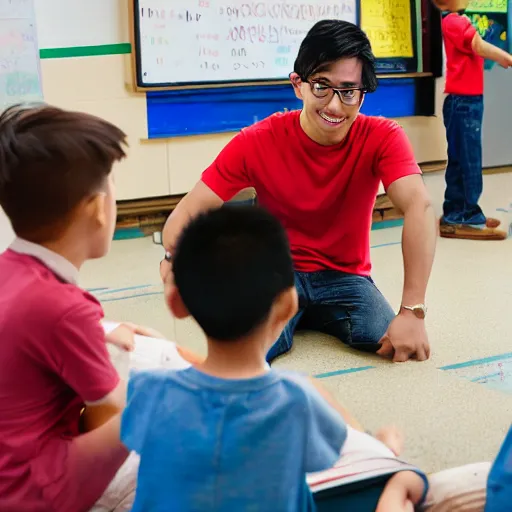 Prompt: asian guy with glasses in a red baseball cap teaching kids in school