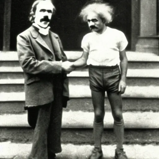 Prompt: friedrich nietzsche meeting young albert einstein for the first time, historic photograph