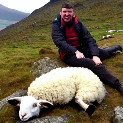 Prompt: welsh man spooning a sheep on mount snowdon