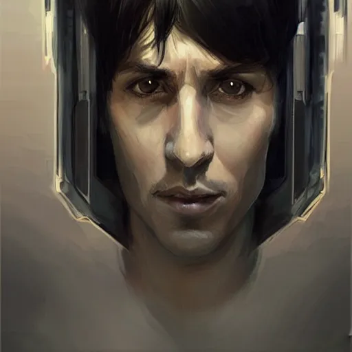 Image similar to portrait of a man by greg rutkowski, he is about 3 0 years old, short black hair with bangs, expression of fear and bewilderment, very tall and slender, he is wearing futuristic space gear, highly detailed portrait, digital painting, artstation, concept art, smooth, sharp foccus ilustration, artstation hq