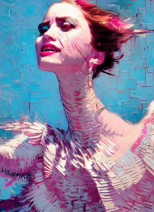 Image similar to portrait of a beautiful bird, smiling, ecstatic, dancing, eyes closed, open mouth, shades of pink and blue, beautiful face, rule of thirds, intricate outfit, spotlight, by greg rutkowski, by jeremy mann, by francoise nielly, by van gogh, digital painting