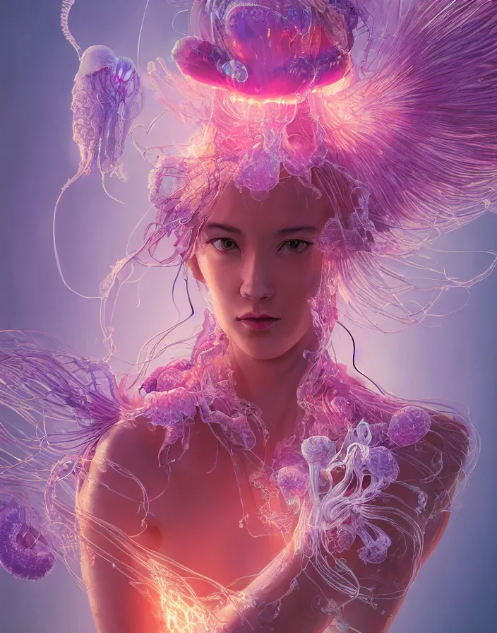 Image similar to goddess portrait. jellyfish orchid phoenix head. intricate artwork by Tooth Wu and wlop and beeple and dan mumford. octane render, trending on artstation, greg rutkowski very coherent symmetrical artwork. cinematic, hyper realism, high detail, octane render, 8k, depth of field, bokeh