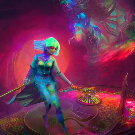 Image similar to Long Shot of psychodelic ciri in mysterious astral temple jumpin with pistol in river of chromatic SPIRITS , beautiful, dmt, trending on artstation, omnious, soft, hypermaximalistic, high details, cinematic, 8k resolution, artwork by Wong, Liam