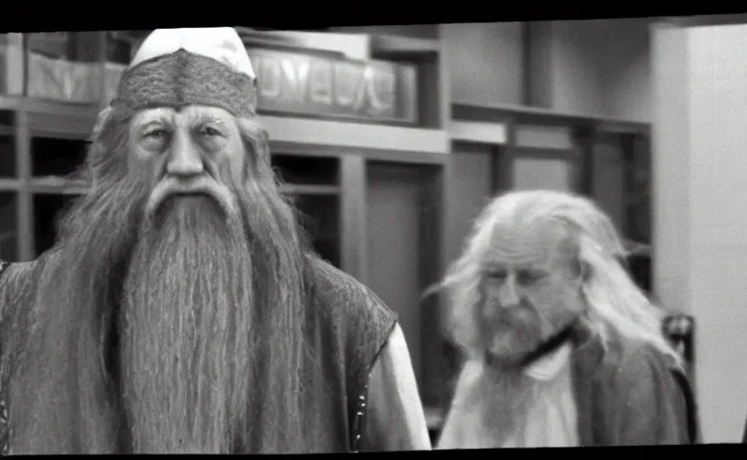 Image similar to security cam vhs footage of gandalf caught drunk stumbling around walmart,