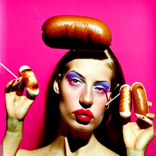 Image similar to a portrait of a beautiful fashion model that is curling her hair using hot dogs. surreal photograph, toiletpaper magazine, 3 5 mm photograph, colourful, by pierpaolo ferrari, maurizio cattelan