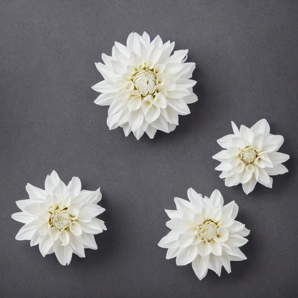 Image similar to beautiful white dahlia flower from top view painterly emotionally evoki