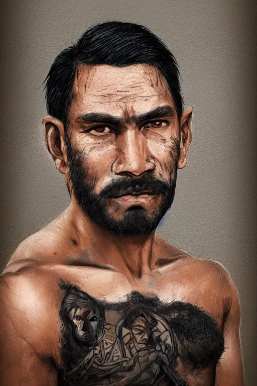 Prompt: very detailed portrait of a rugged brazilian man in his early thirties, strong jaw, shaved face, ( ( deep black eyes ) ), ( ( ( slight asian - latino features ) ) ), wearing a black!! t - shirt, earthy color scheme, by wlop and tyler oulton, detailed eyes, starry background, trending, on artstation.