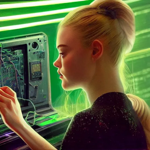 Prompt: Elle Fanning hacking a glowing green computer in the style of Paola Vetri, head and shoulders portrait, stormy weather, extremely detailed masterpiece, oil on canvas, low-key neon lighting, artstation, Blade Runner 2049, Roger Deakin’s cinematography, by J. C. Leyendecker and Peter Paul Rubens and Edward Hopper and Michael Sowa,