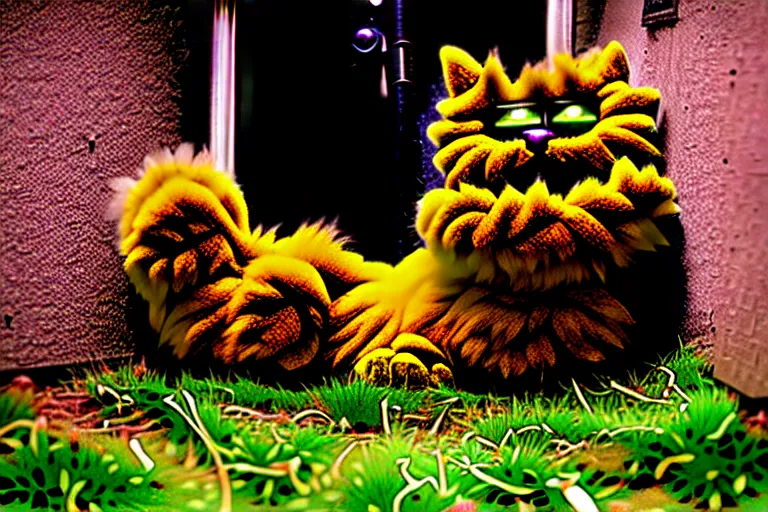 Image similar to a cursed image of an eldritch fluffy cybergoth garfield infested crevice, evil, staring at you, damnation, liminal, garden