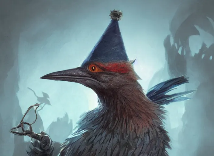 Prompt: a bird wearing a wizard hat, D&D, fantasy, cinematic lighting, highly detailed, artstation, concept art, smooth, sharp focus, illustration, warm light, cozy warm tint, magic the gathering artwork, volumetric lighting, 8k, no gold, no gold colours, art by Akihiko Yoshida, Greg Rutkowski