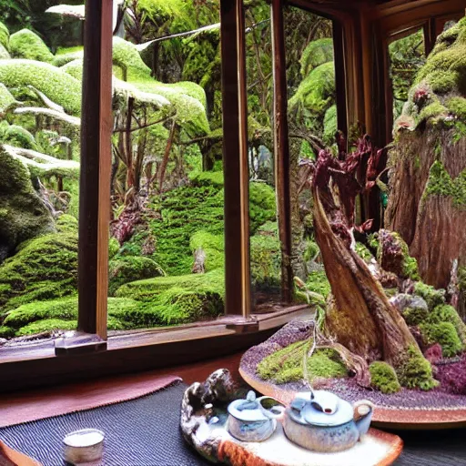 Image similar to pacific northwest tea house, moss, reishi mushrooms, teapots, forest themes, beautiful elaborate interior design, modern teahouse design, j-tea international