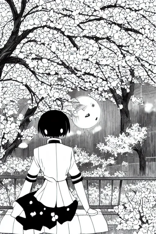 Image similar to black and white manga page, highly detailed pen, sharp high quality anime, shoujo romance, girl with long dark hair in sailor uniform, sitting on bench, cherry blossom tree in background with petals floating, drawn by Atsushi Ohkubo