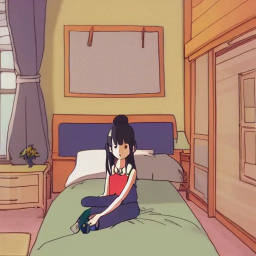 Prompt: bedroom in studio ghibli, girl sitting on bed, anime style
