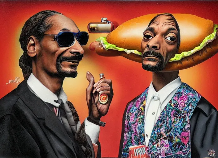 Prompt: snoop dogg inside made of hot dog, lowbrow, matte painting, 3 - d highly detailed, in the style of mark ryden,