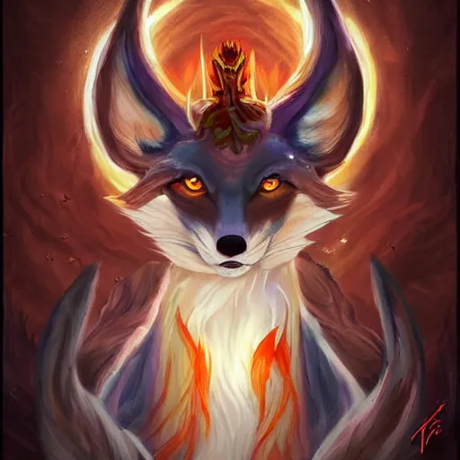 Prompt: a painted avatar portrait of an awesome powerful humanoid kitsune fox mage themed around life and death, in the style of dnd beyond avatar portraits, beautiful, artistic, elegant, lens flare, magical, lens flare, nature, realism, stylized, art by jeff easley