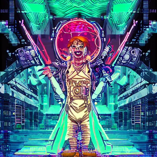 Prompt: mucha's the four seasons cyberpunk led synth lightning. pixel art. evil zombie. manic laughter. synthwave pixel art. saturated. dramatic lighting. crazy. dark dystopian render. 4 k award winning digital art. wallpaper.