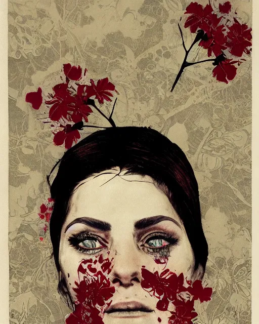 Prompt: a beautiful but serious woman in layers of fear, with haunted eyes and dark hair piled on her head, 1 9 7 0 s, seventies, floral wallpaper, wilted flowers, a little blood, morning light showing injuries, delicate ex embellishments, painterly, offset printing technique