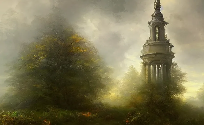 Prompt: a neoclassical tower with dome on a magical gloomy mystical forest. by konstantin razumov, fractal flame, chiaroscuro, highly detailded