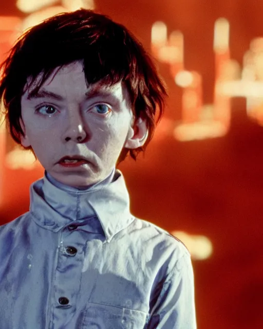 Image similar to color photo of young actor bud cort, from harold and maude, as tetsuo in american live action remake of akira, neo - tokyo, post apocalyptic, telekinesis, mutant psychic children, in the style of alex proyas, ridley scott, katsuhiro otomo